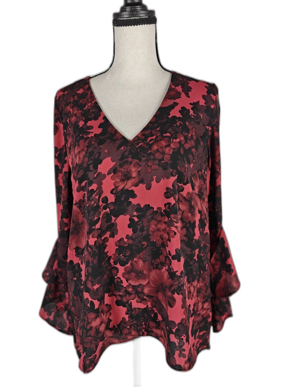 Women's Vince Camuto Floral Bell Sleeve Blouse Red Black Size Small